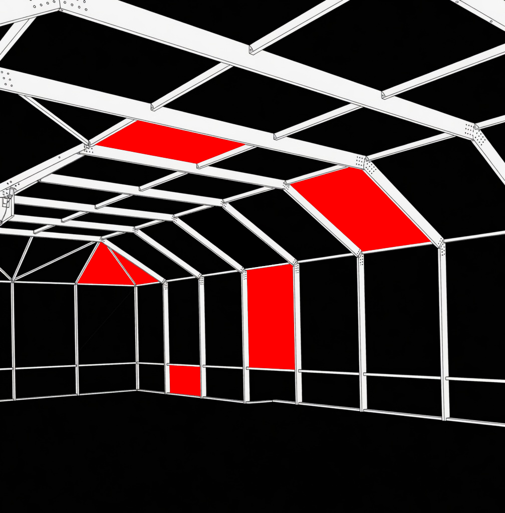 Technical wireframe of a screen enclosure. Red areas mark typical replaceable screen panels—tap a highlighted section to select it.