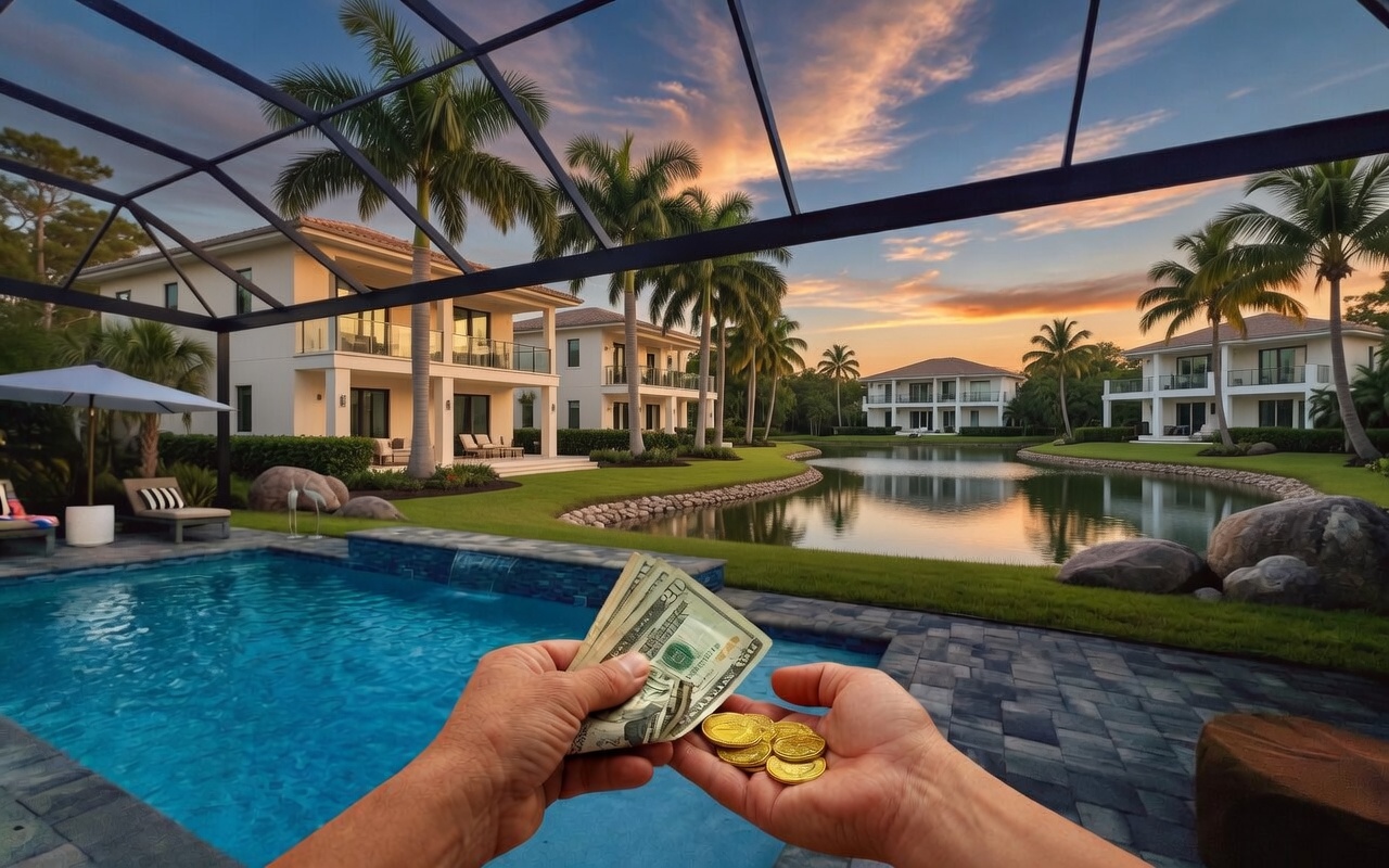 View from inside a Florida pool cage at sunset, with pool and homes beyond—illustrating the value of quality repairs over quick fixes