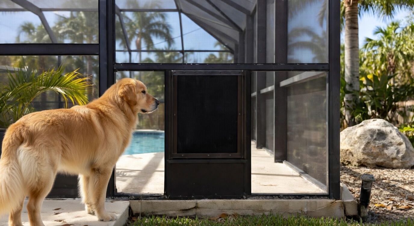 Pet door installed in a screened pool cage with dog on the patio