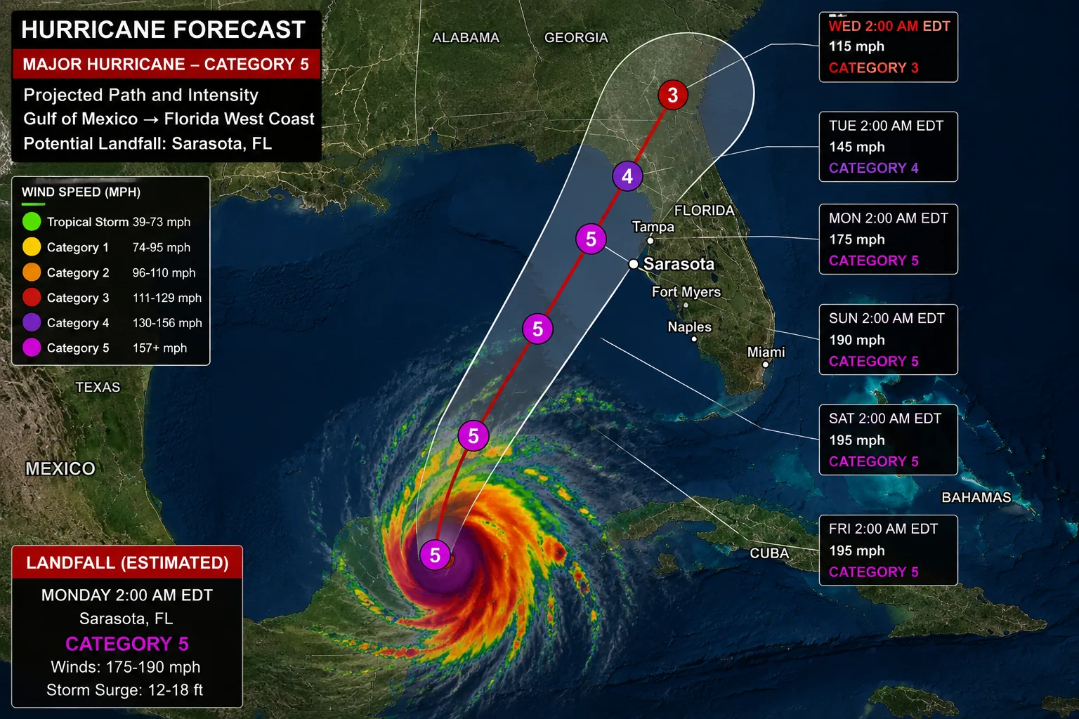 Hurricane forecast map showing a major Category 5 storm tracking toward the west coast of Florida near Sarasota
