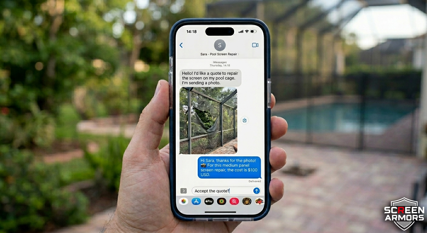 Customer texting a photo of pool cage screen damage to SCREEN ARMORS for a quick repair estimate