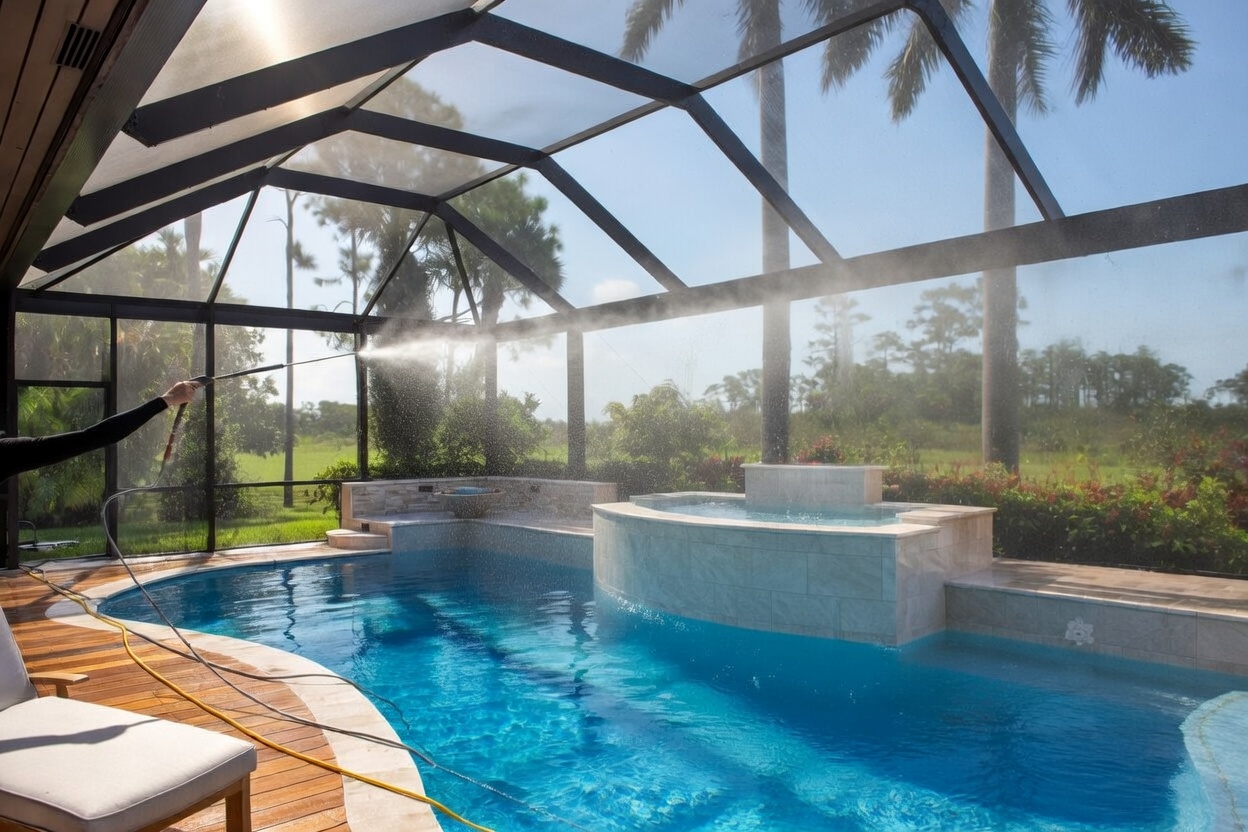 Technician soft washing a pool cage screen with a pressure washer