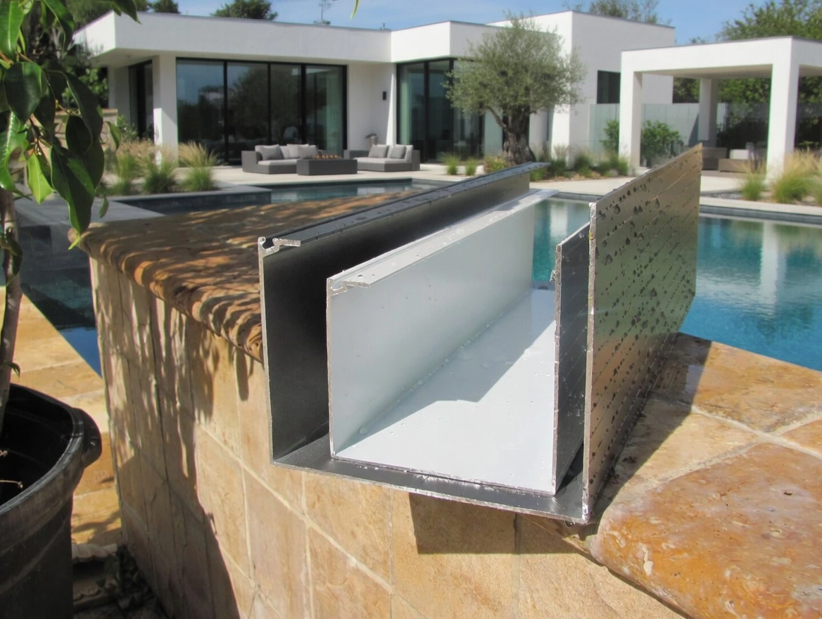 Super gutter profile cross-section at a luxury home with pool