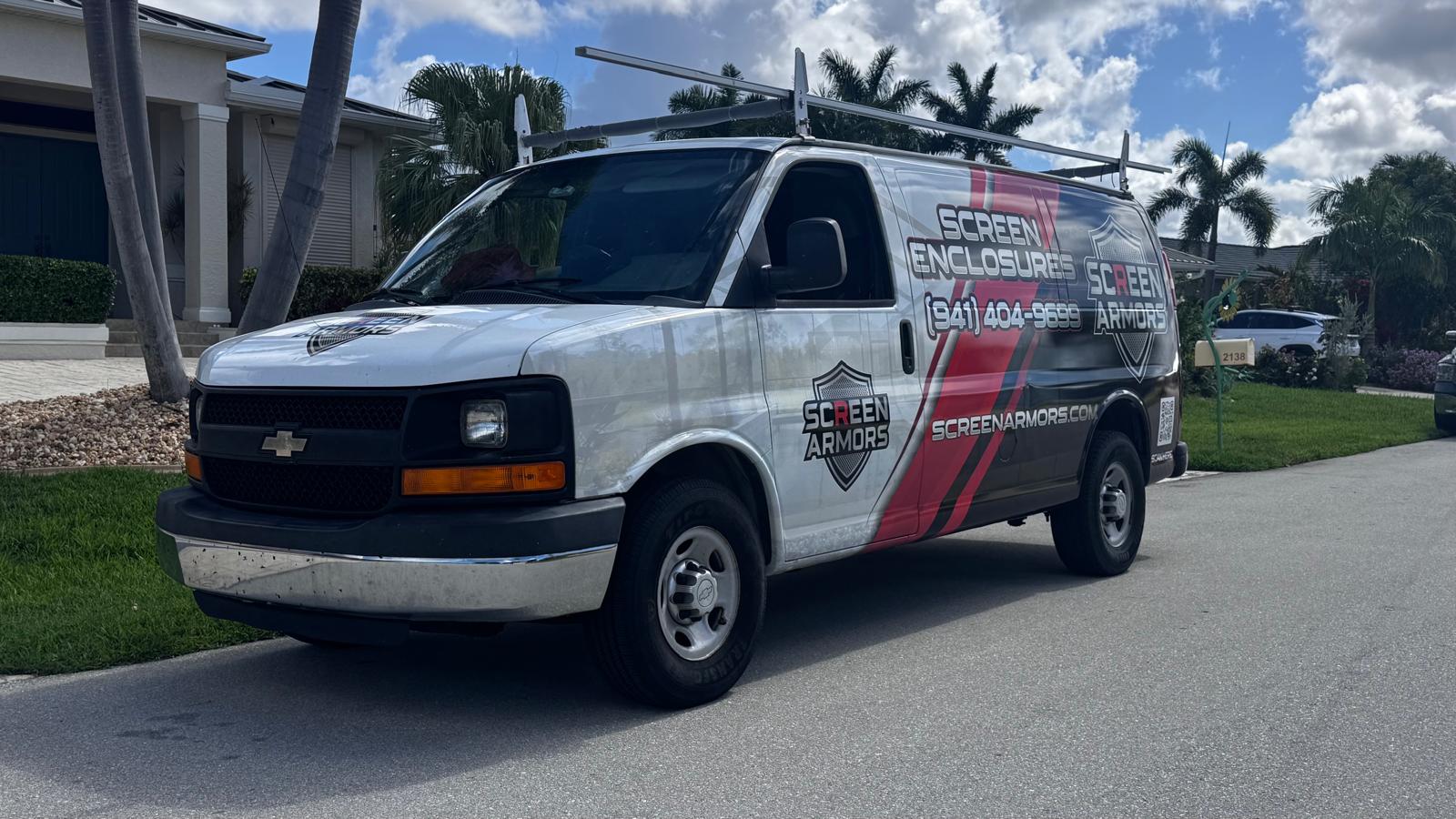 SCREEN ARMORS branded service van parked at a Florida home